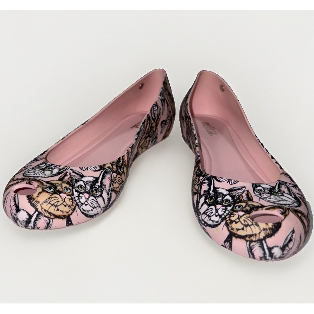 Melissa Ultragirl Pink Cat Butterfly Peep Toe Jelly Ballet Flats Size 5